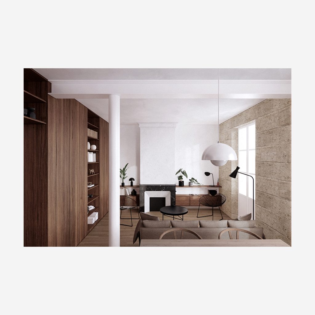 Rénovation d’architecte à Bordeaux d’un appartement pierre apparente et IPN métal avec cheminée et parquet